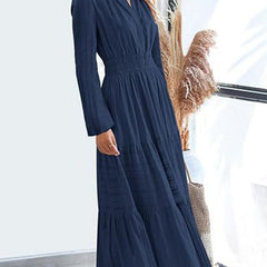 White V-neck pleated waist tiered long-sleeved dress from My Store, featuring a flowing silhouette and elegant design.