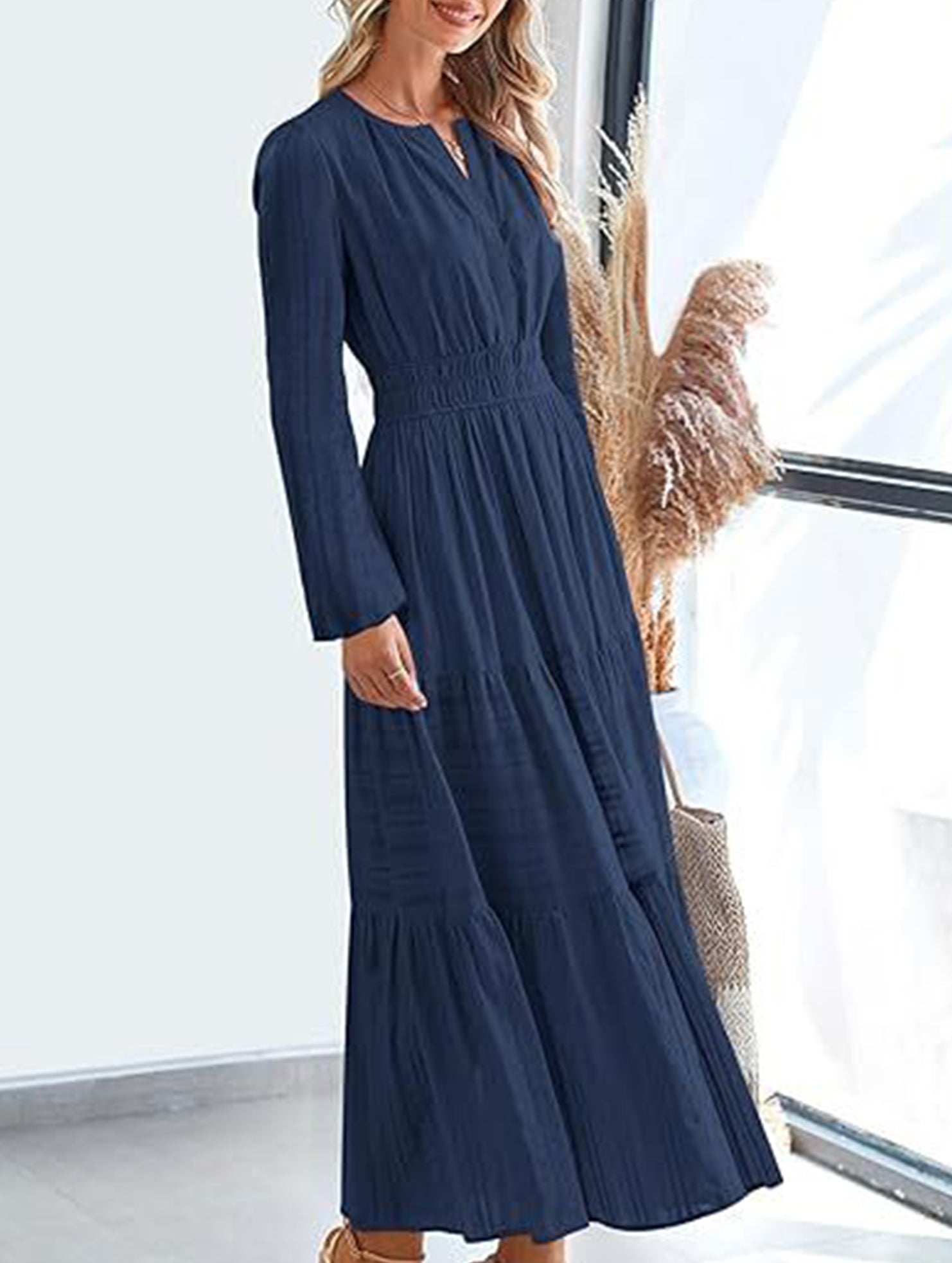 White V-neck pleated waist tiered long-sleeved dress from My Store, featuring a flowing silhouette and elegant design.