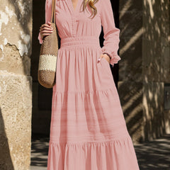White V-neck pleated waist tiered long-sleeve dress from My Store, featuring a flowy silhouette and elegant design.