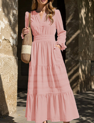 White V-neck pleated waist tiered long-sleeve dress from My Store, featuring a flowy silhouette and elegant design.