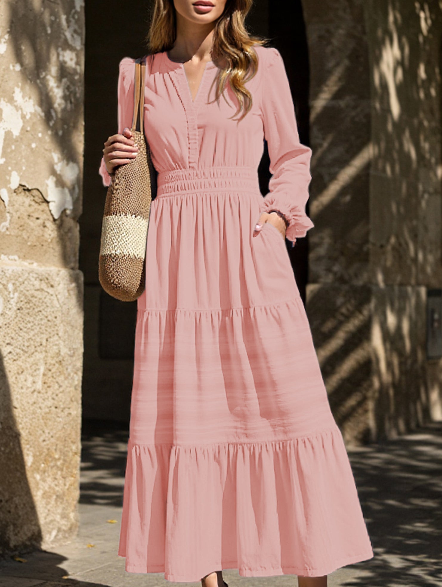 White V-neck pleated waist tiered long-sleeve dress from My Store, featuring a flowy silhouette and elegant design.