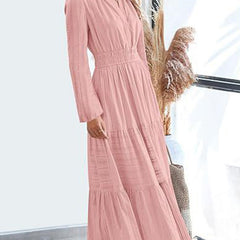 White V-neck pleated waist tiered long-sleeved dress from My Store, showing its flowy fabric and elegant design.