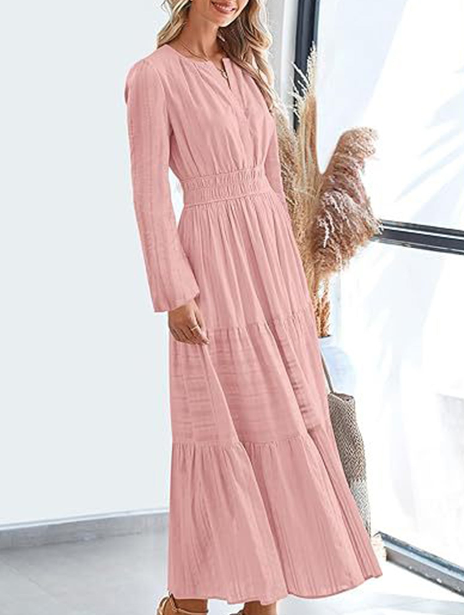 White V-neck pleated waist tiered long-sleeved dress from My Store, showing its flowy fabric and elegant design.