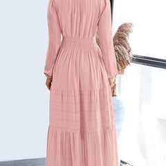 White V-neck pleated waist tiered long-sleeved dress from My Store, showcasing a flowy design with layered tiers and elegant long sleeves.