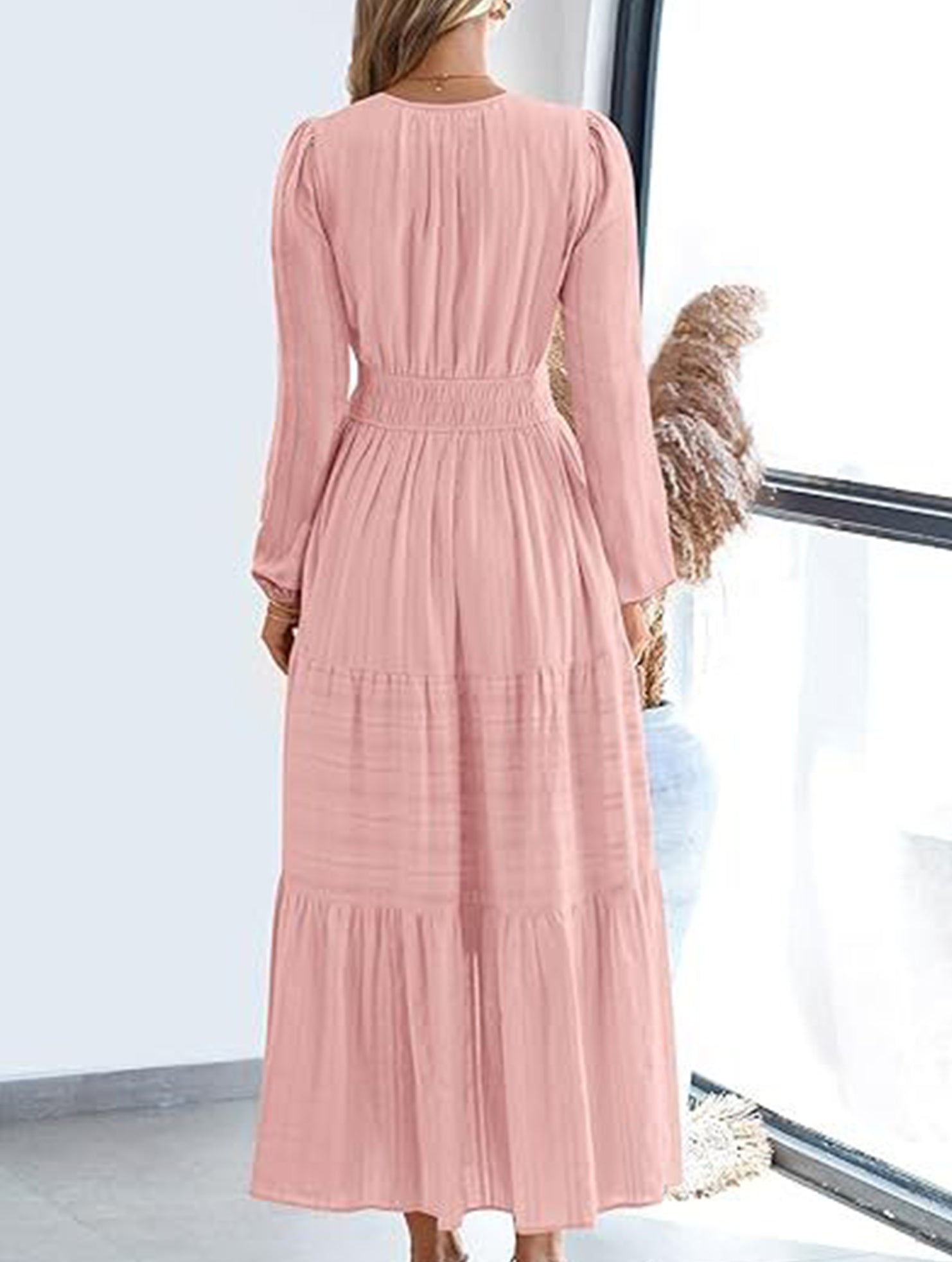White V-neck pleated waist tiered long-sleeved dress from My Store, showcasing a flowy design with layered tiers and elegant long sleeves.