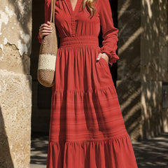 White V-neck pleated waist tiered long-sleeved dress from My Store, showcasing its flowing fabric and elegant design.