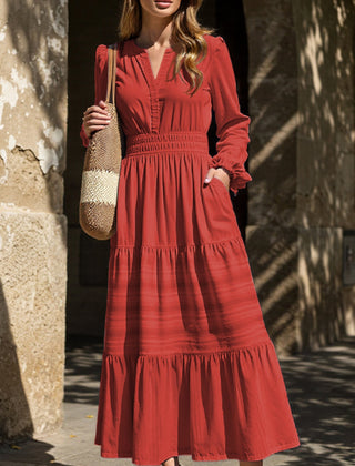 White V-neck pleated waist tiered long-sleeved dress from My Store, showcasing its flowing fabric and elegant design.