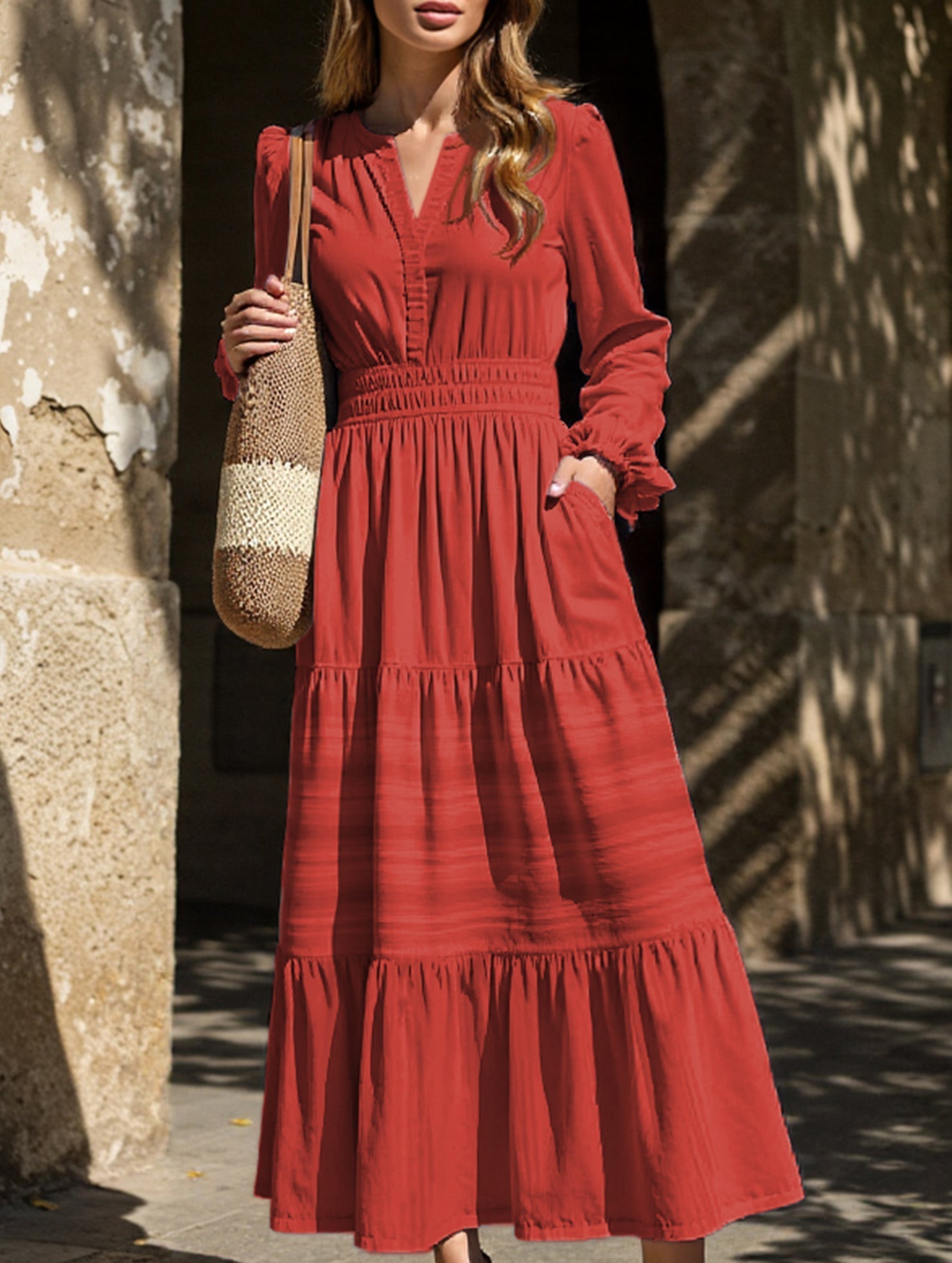 White V-neck pleated waist tiered long-sleeved dress from My Store, showcasing its flowing fabric and elegant design.