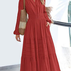 White V-neck pleated waist tiered long-sleeved dress from My Store, featuring a flowing silhouette and elegant design.