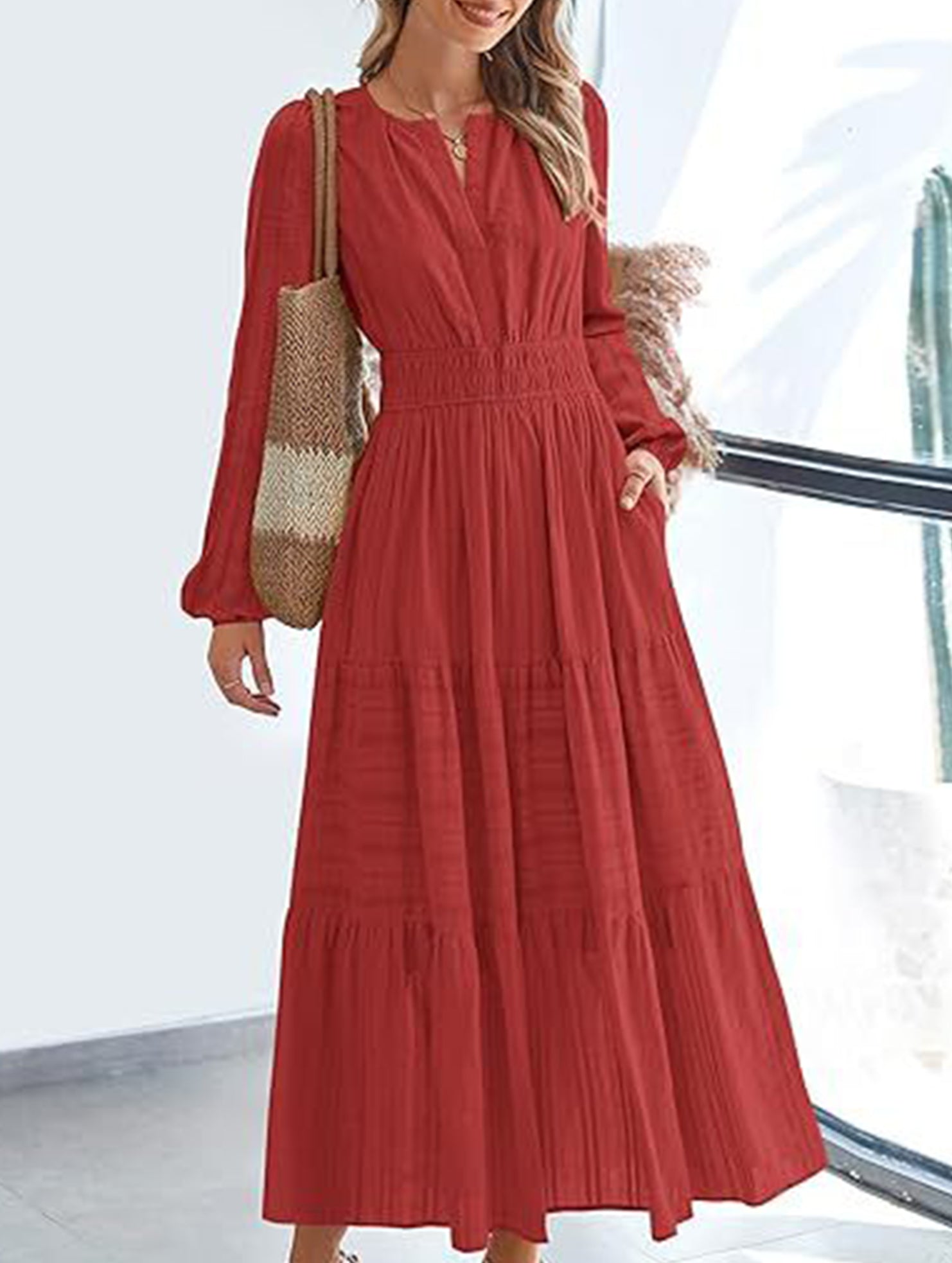 White V-neck pleated waist tiered long-sleeved dress from My Store, featuring a flowing silhouette and elegant design.