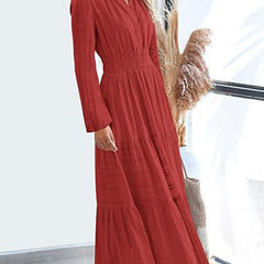 White V-neck pleated waist tiered long-sleeved dress from My Store, showcasing a flowing silhouette and elegant design.