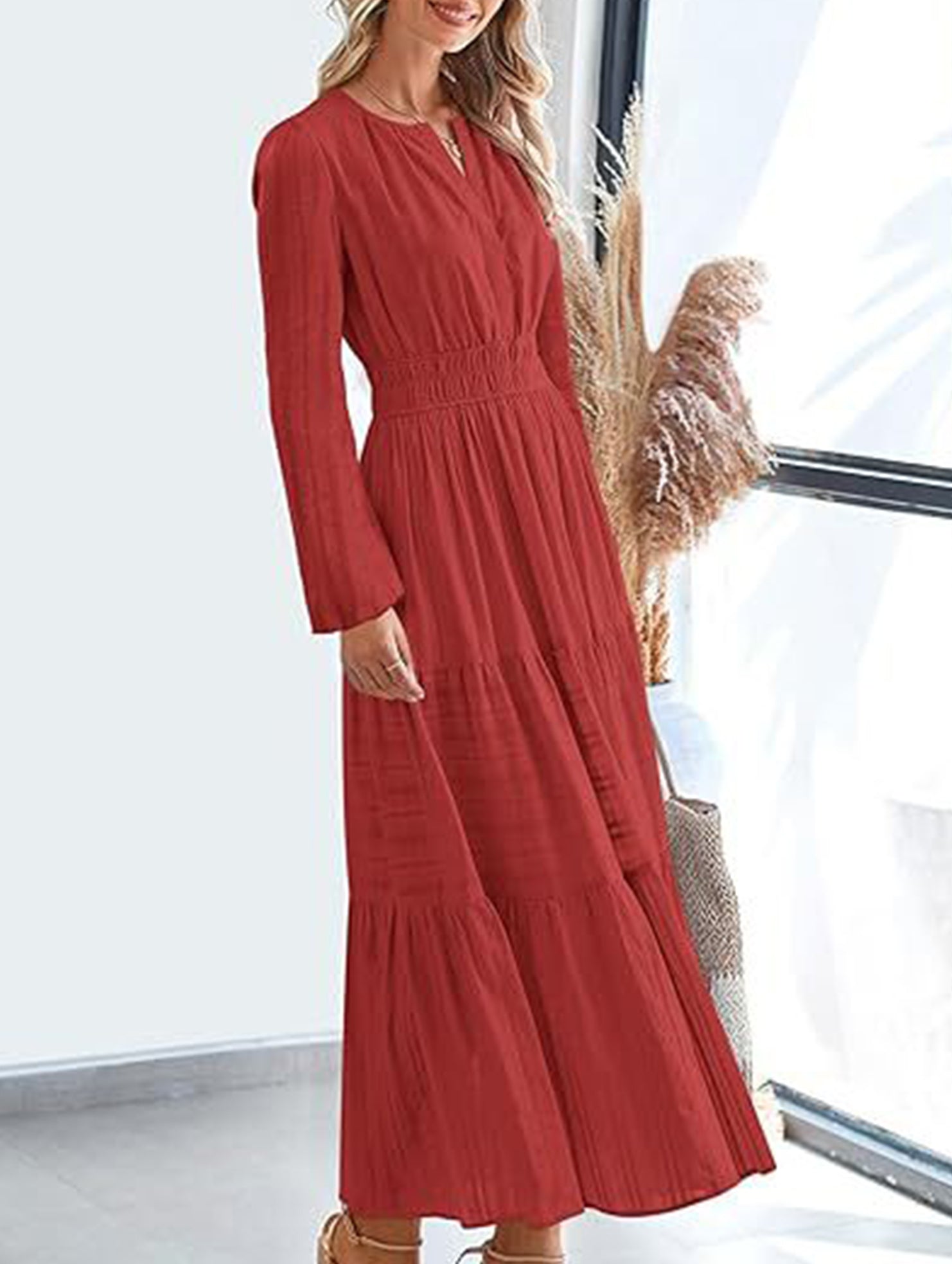 White V-neck pleated waist tiered long-sleeved dress from My Store, showcasing a flowing silhouette and elegant design.