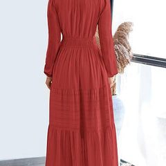 White V-neck pleated waist tiered long-sleeved dress, stylish and flowy, featuring a feminine silhouette and elegant design.