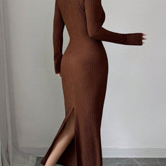 White cross neck knit slim-fit dress from My Store, featuring a stylish design and cozy fabric, displayed on a hanger.