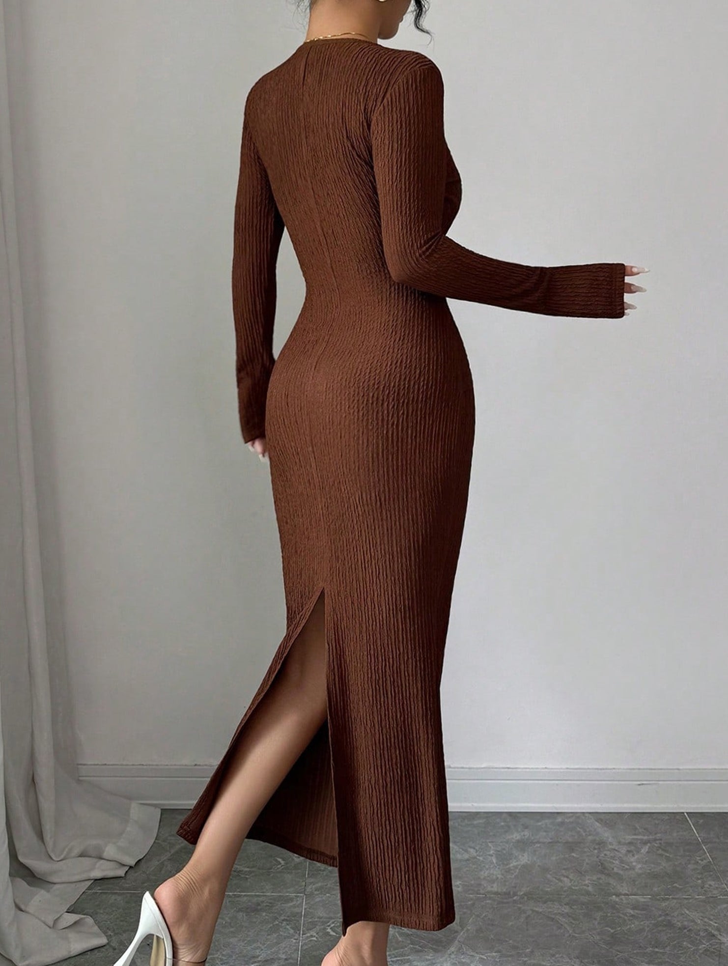 White cross neck knit slim-fit dress from My Store, featuring a stylish design and cozy fabric, displayed on a hanger.