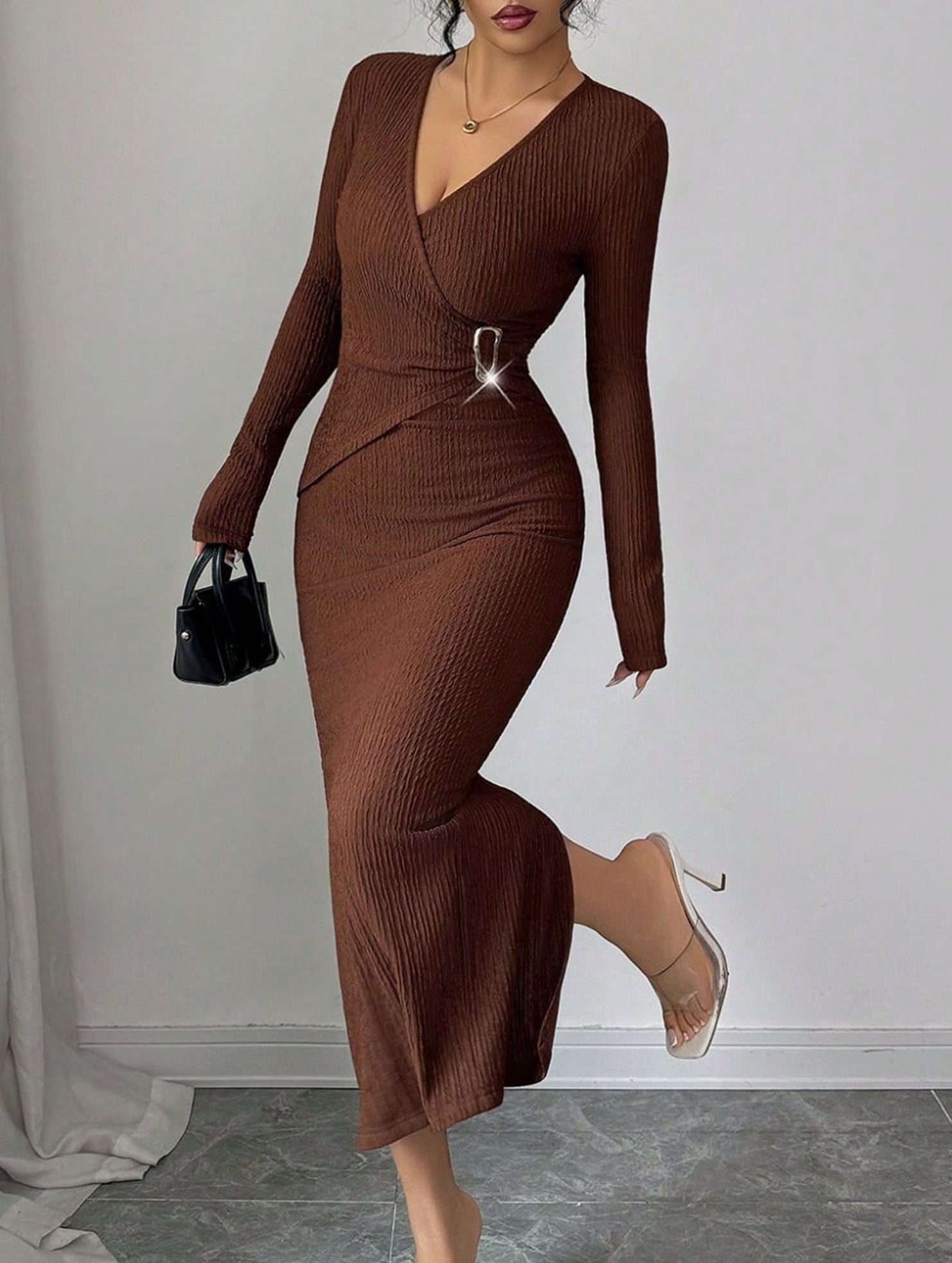 White cross neck knit slim-fit dress from My Store, shown in a close-up of the stylish neckline and fitted silhouette.