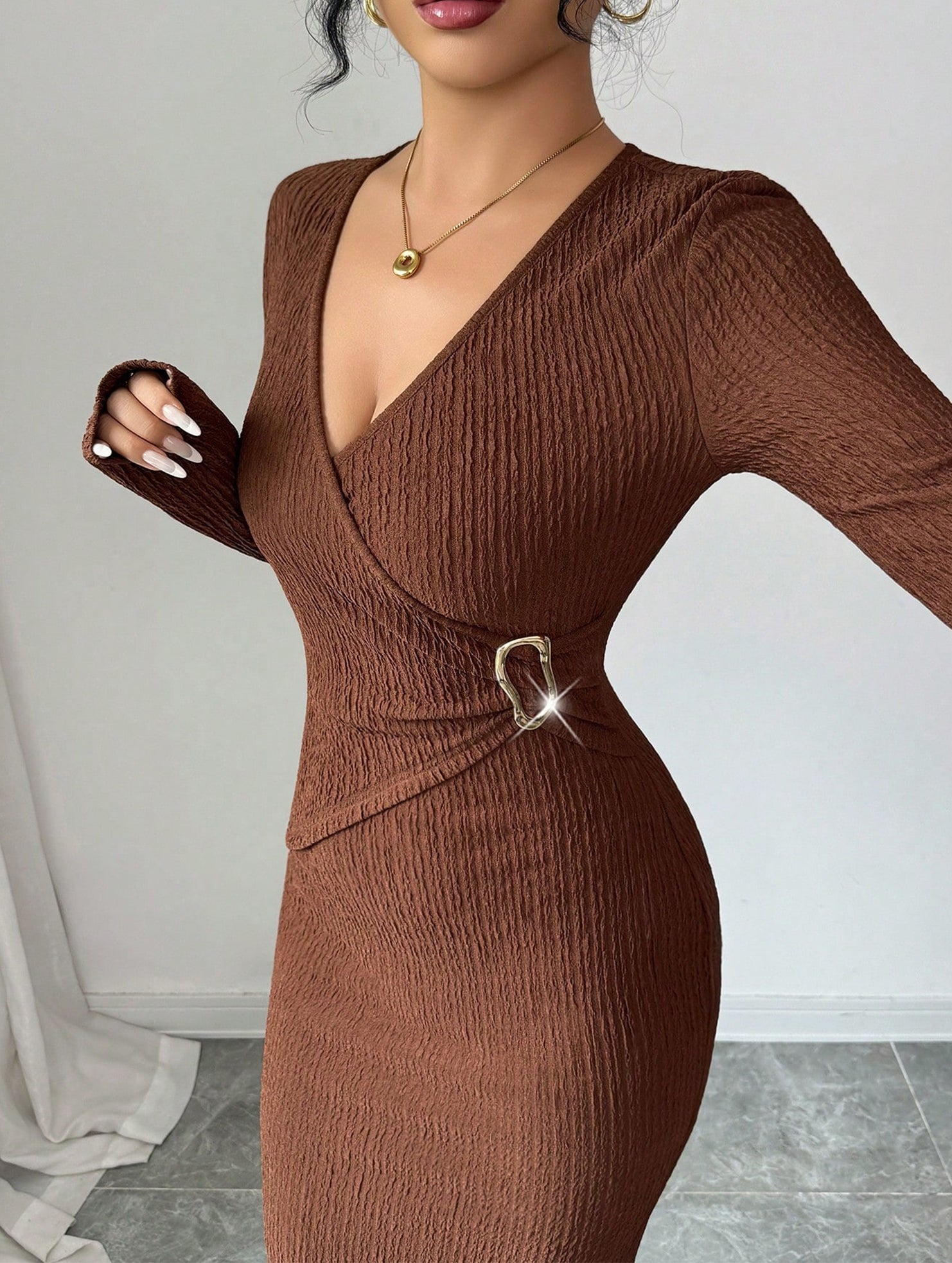 White cross neck knit slim-fit dress from My Store, featuring a stylish design and fitted silhouette.