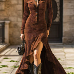 White slim-fit long dress with zippered stand-up collar and slit, featuring a stylish design from My Store.