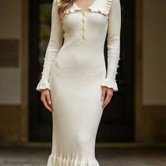 White retro ruffled knit dress by My Store, featuring a vintage-inspired design with ruffles and a fitted silhouette.