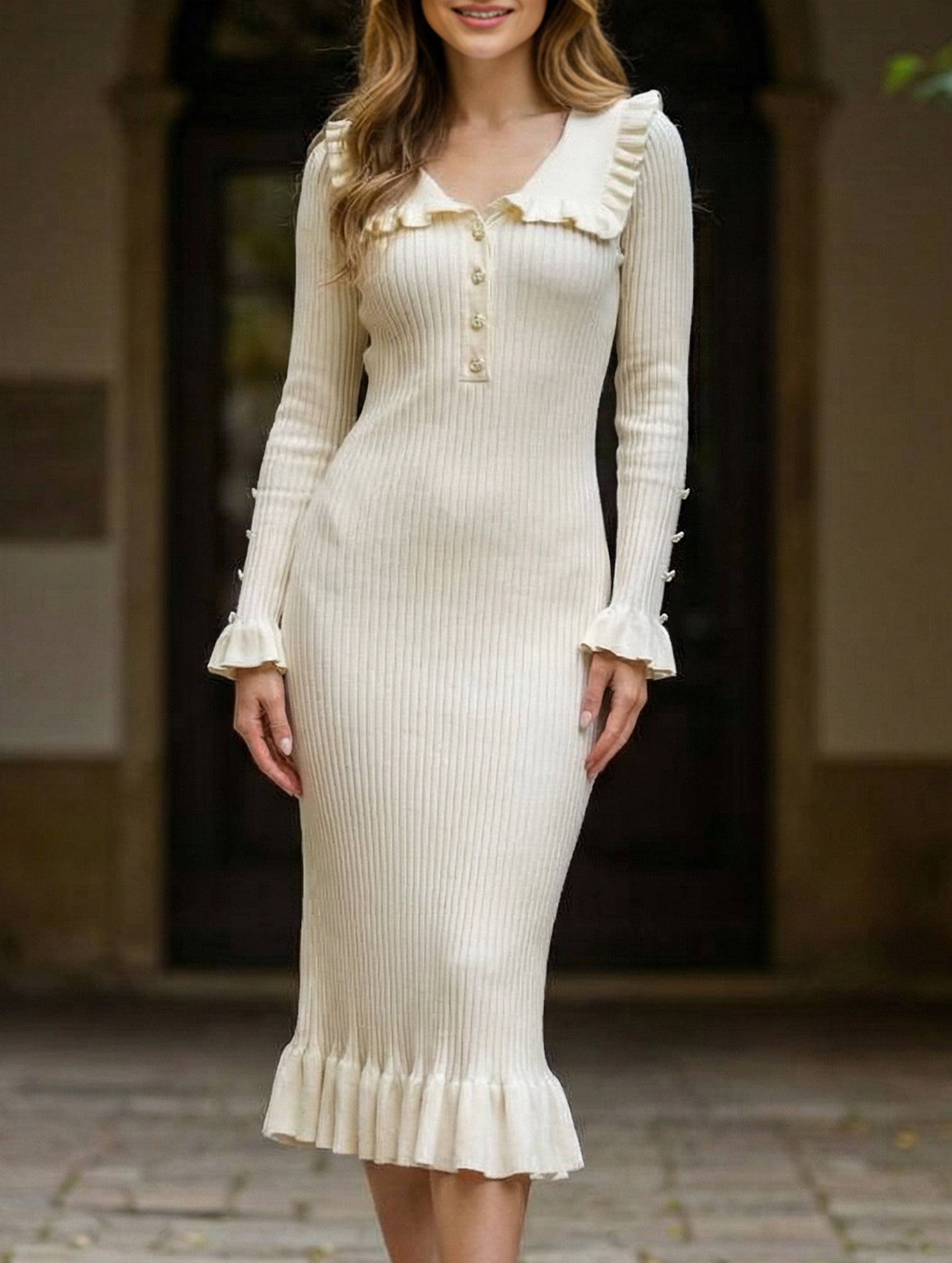 White retro ruffled knit dress by My Store, featuring a vintage-inspired design with ruffles and a fitted silhouette.