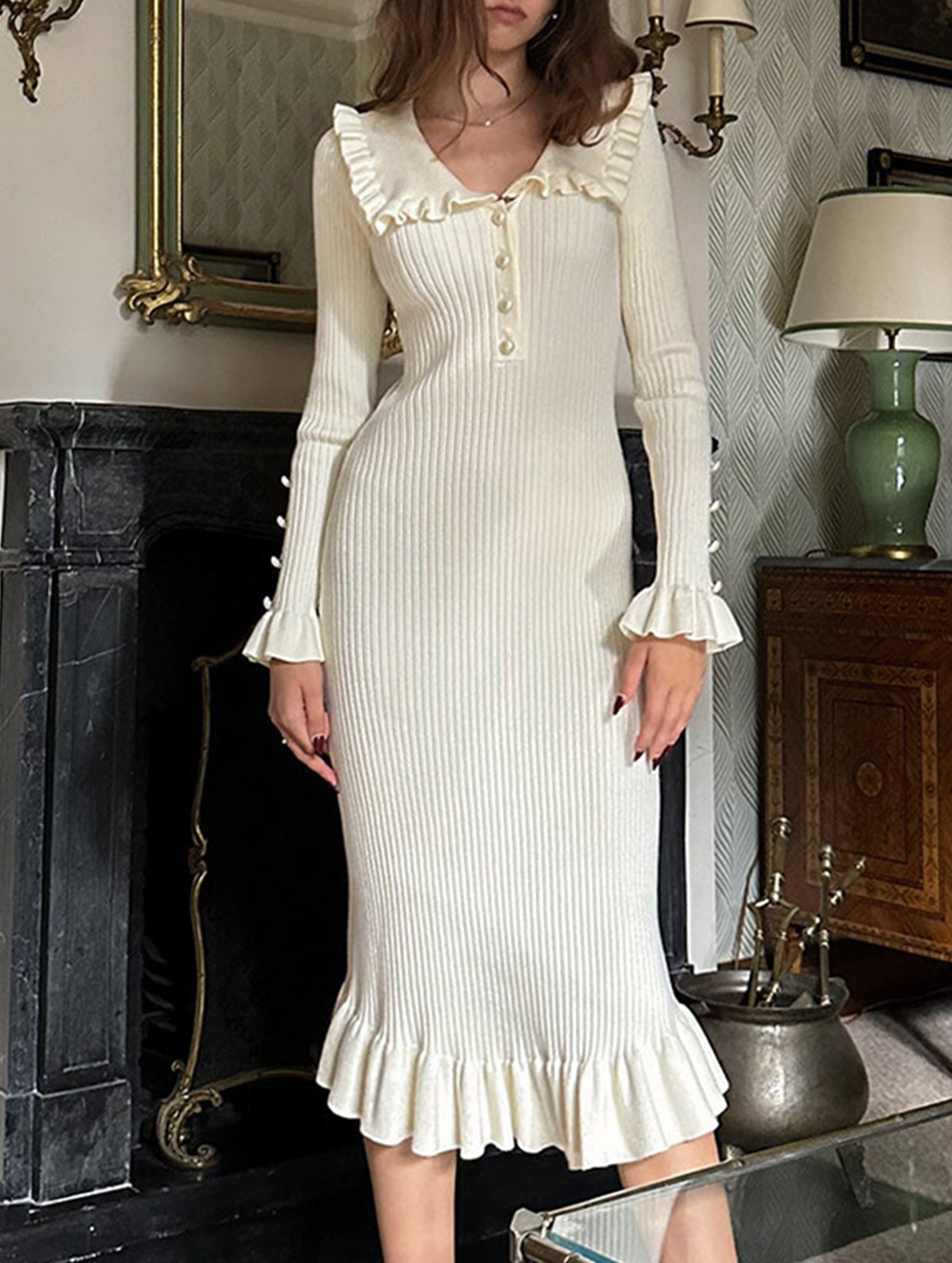 White retro ruffled knit dress from My Store featuring a vintage-inspired design and a fitted silhouette.