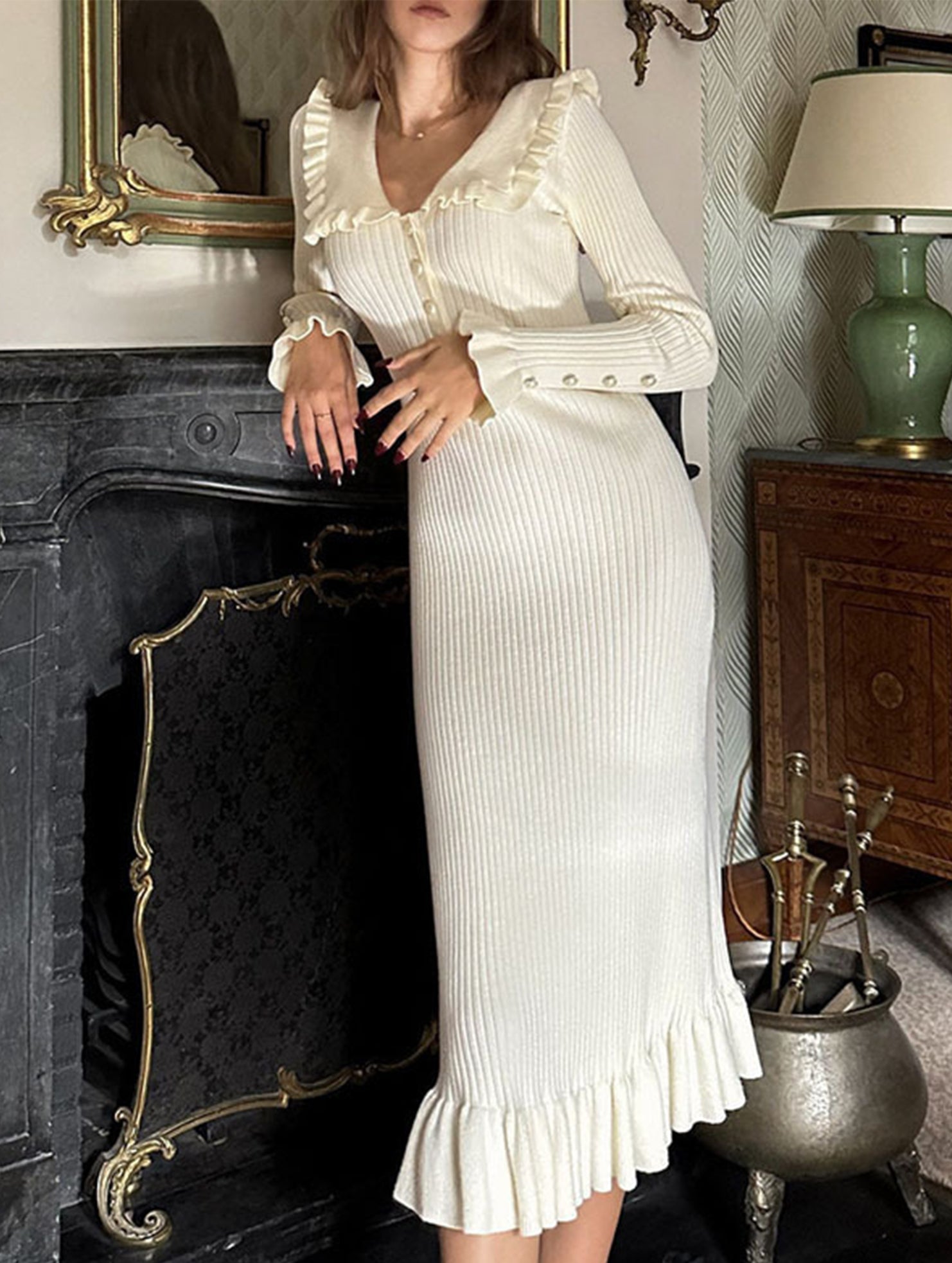 White retro ruffled knit dress from My Store featuring a vintage-inspired design and feminine ruffle details.