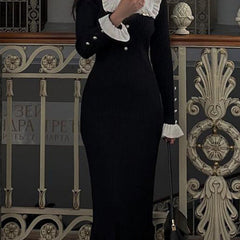 Black retro ruffled knit dress from My Store featuring a vintage-inspired design with ruffled details and a fitted silhouette.
