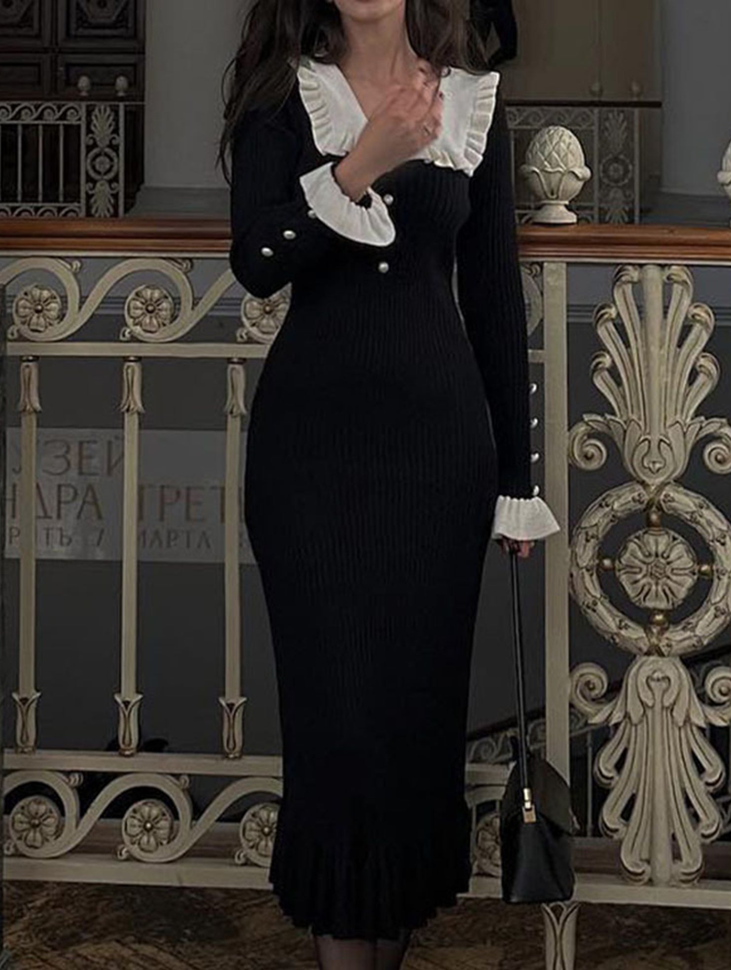 Black retro ruffled knit dress from My Store featuring a vintage-inspired design with ruffled details and a fitted silhouette.