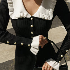 Black retro ruffled knit dress from My Store featuring a vintage-inspired silhouette and textured fabric.