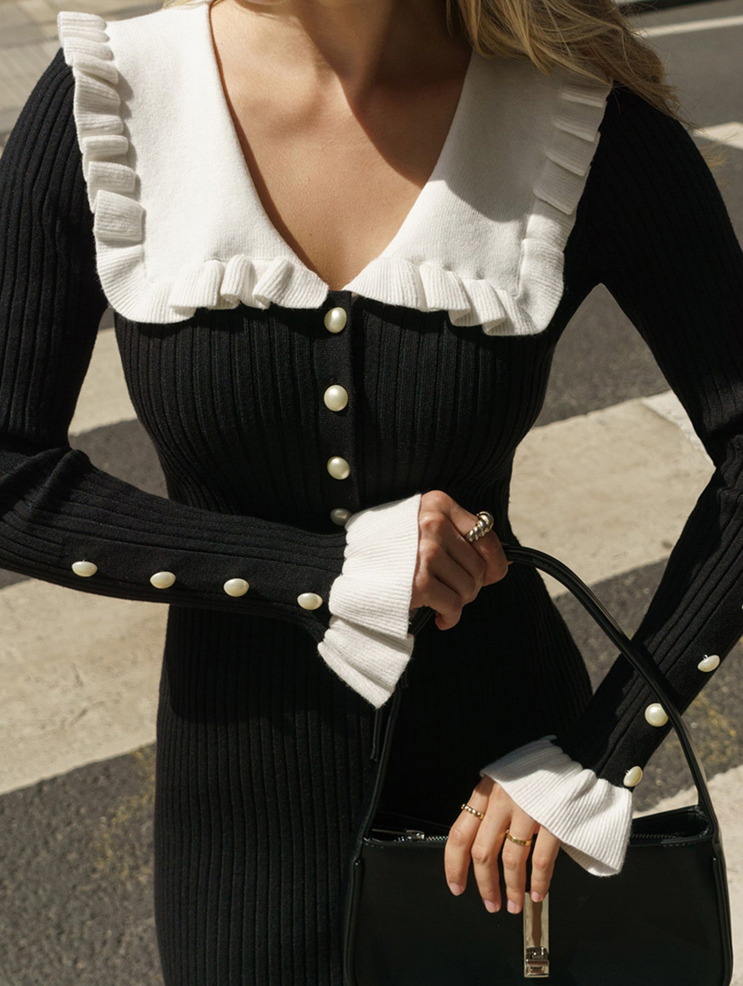 Black retro ruffled knit dress from My Store featuring a vintage-inspired silhouette and textured fabric.