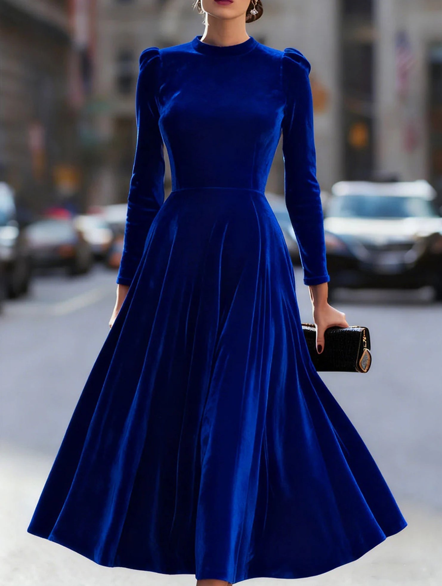 Blue velvet round neck long-sleeved dress by Tammy Bradley, featuring a stylish fit and elegant design.