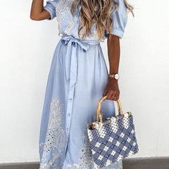 White pastoral style openwork embroidered dress by My Store, featuring delicate embroidery and flowing fabric.