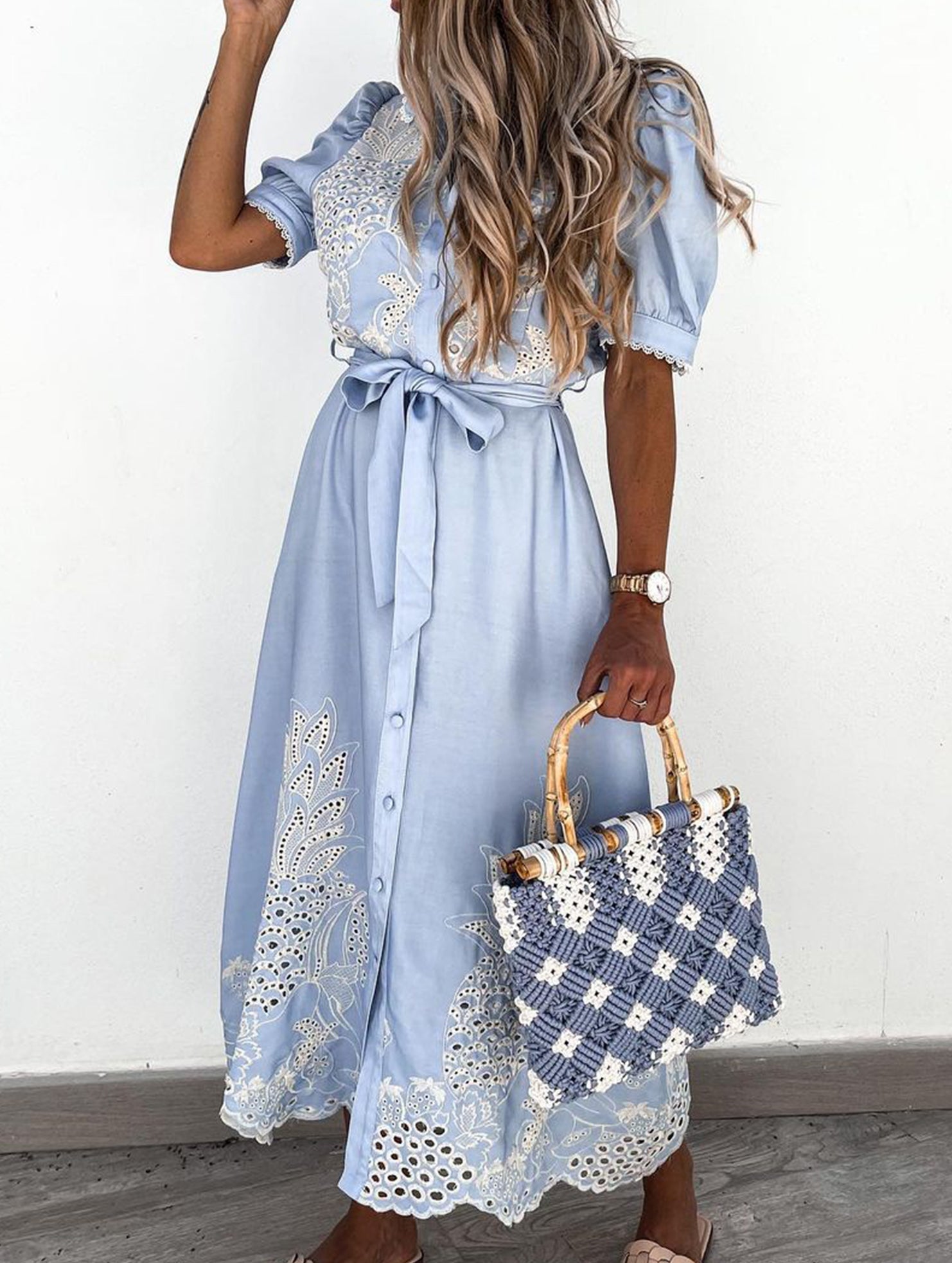 White pastoral style openwork embroidered dress by My Store, featuring delicate embroidery and flowing fabric.