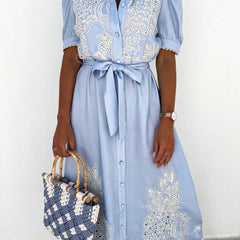 White pastoral style openwork embroidered dress with floral details, featuring a flowing design and delicate embroidery from My Store.