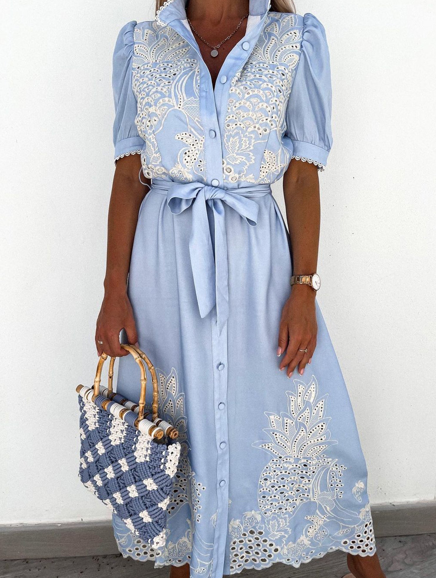 White pastoral style openwork embroidered dress with floral details, featuring a flowing design and delicate embroidery from My Store.
