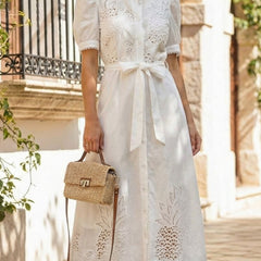 White pastoral style openwork embroidered dress from My Store, featuring intricate embroidery and a flowing design.