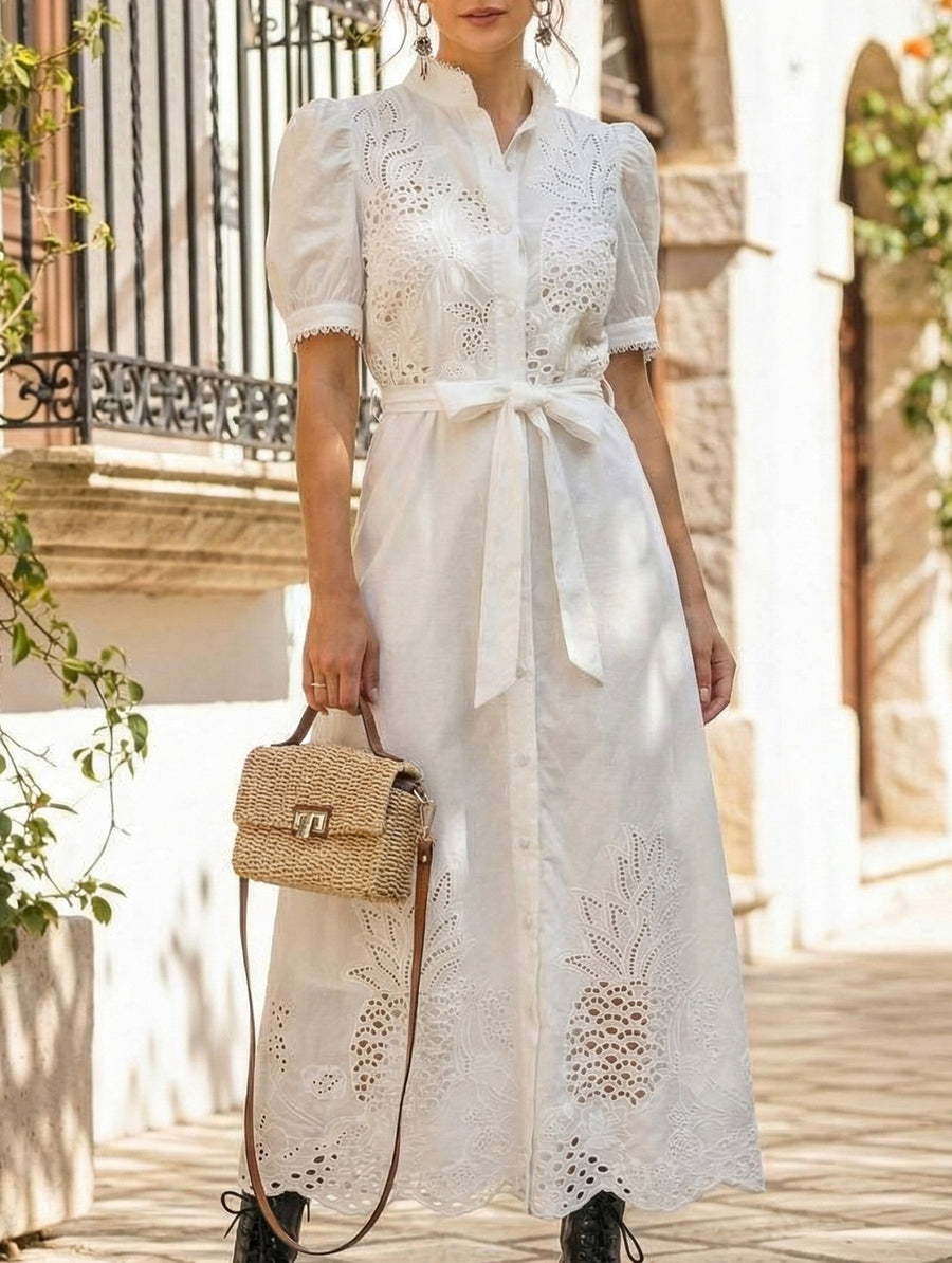 White pastoral style openwork embroidered dress from My Store, featuring intricate embroidery and a flowing design.