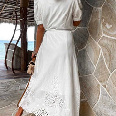 White pastoral style openwork embroidered dress, women's fashion made by My Store, featuring intricate embroidery and flowing fabric.