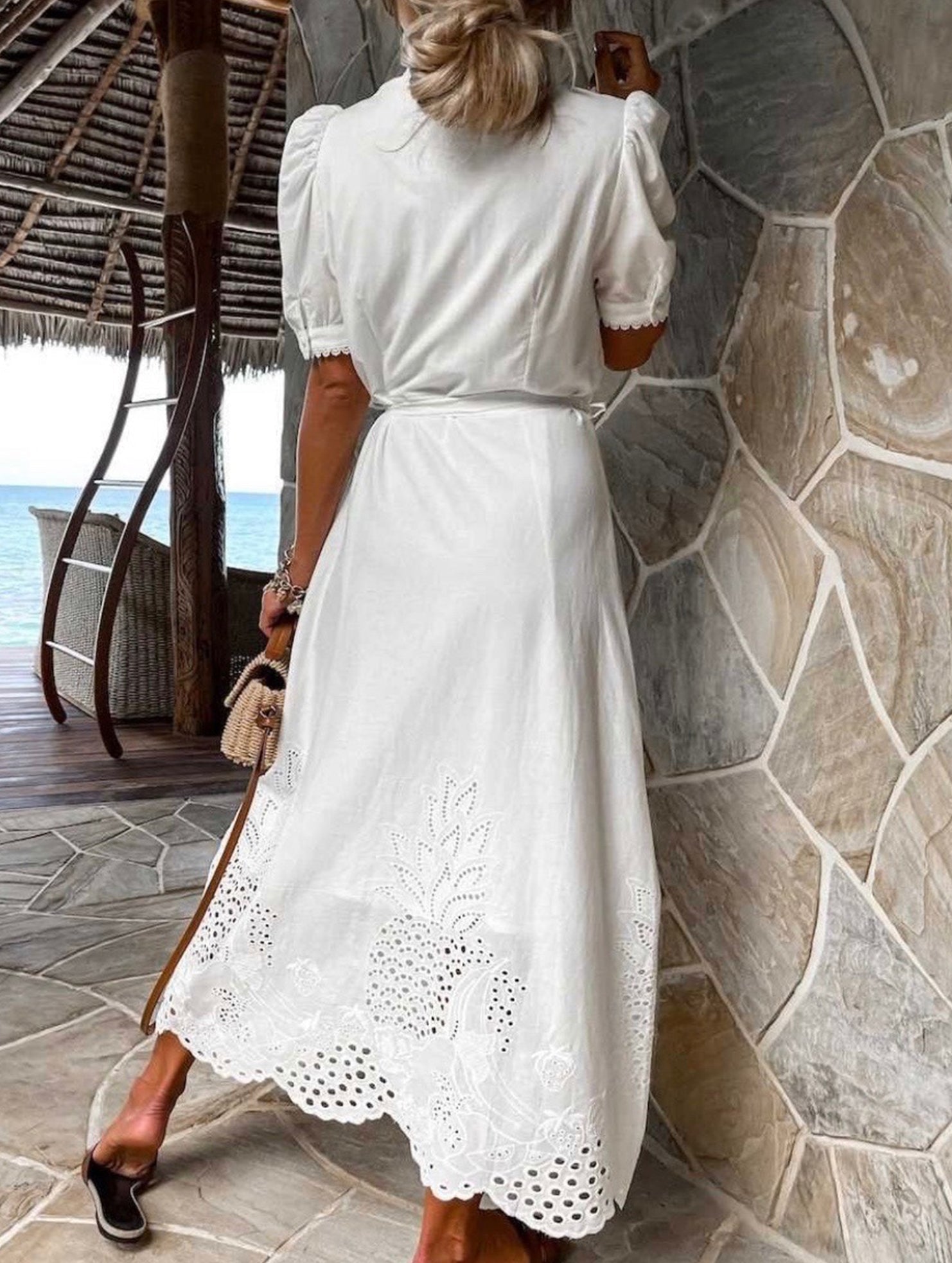 White pastoral style openwork embroidered dress, women's fashion made by My Store, featuring intricate embroidery and flowing fabric.