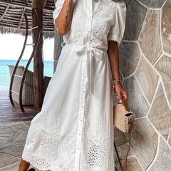 White pastoral style openwork embroidered dress from My Store, showcasing intricate embroidery and flowing fabric.