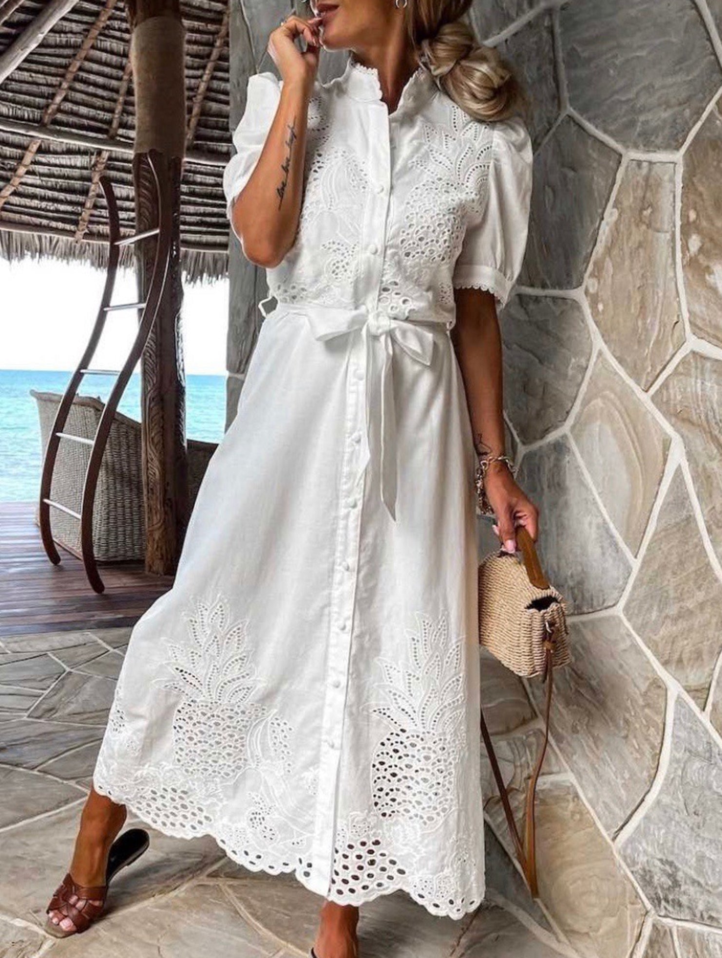 White pastoral style openwork embroidered dress from My Store, showcasing intricate embroidery and flowing fabric.