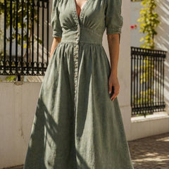 White fitted shirt dress with deep V-neck and long sleeves, stylish and form-fitting, by My Store.
