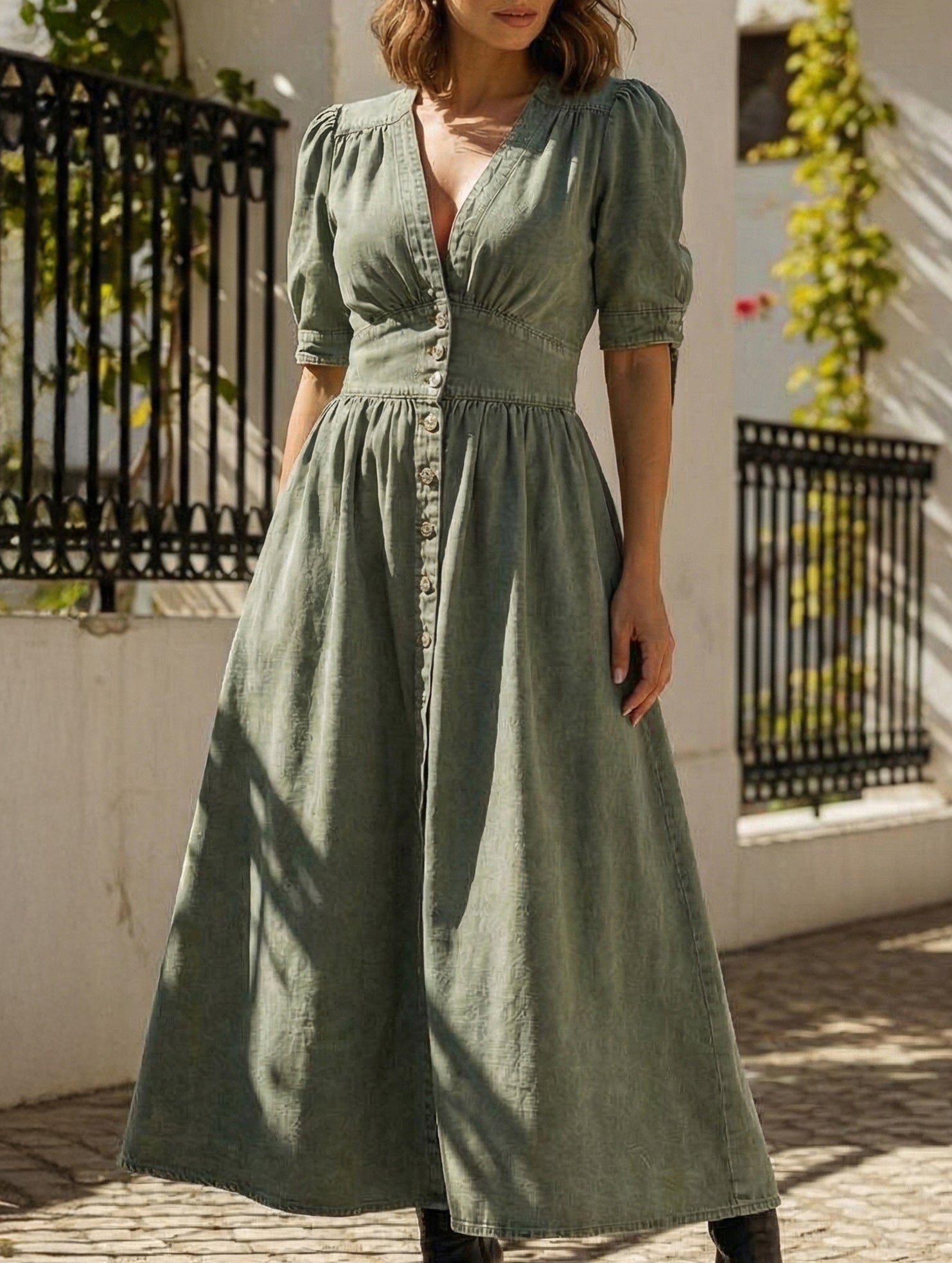 White fitted shirt dress with deep V-neck and long sleeves, stylish and form-fitting, by My Store.