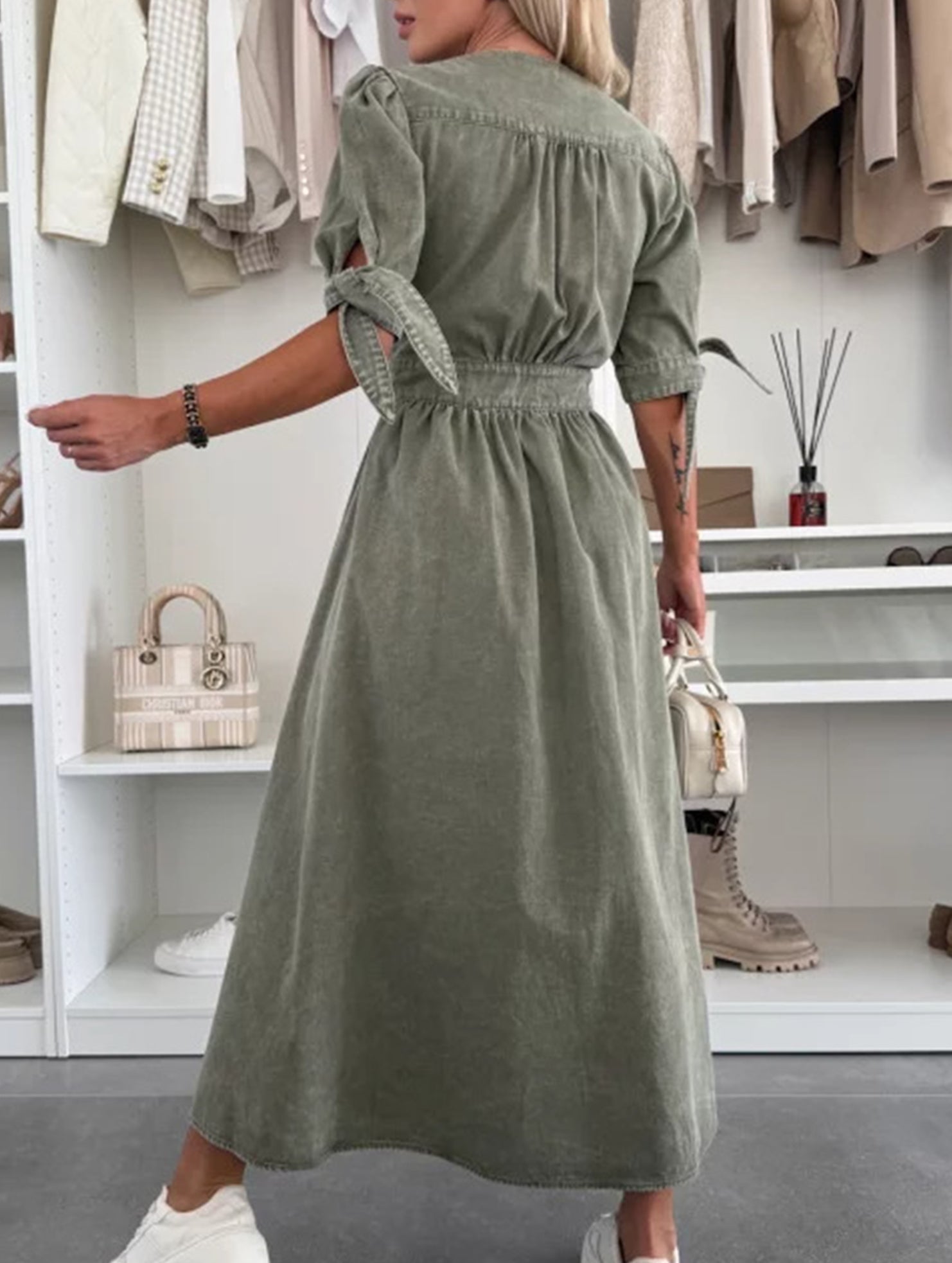 White deep V-neck fitted shirt dress with long sleeves and button details, stylish and elegant for casual or dressy occasions
