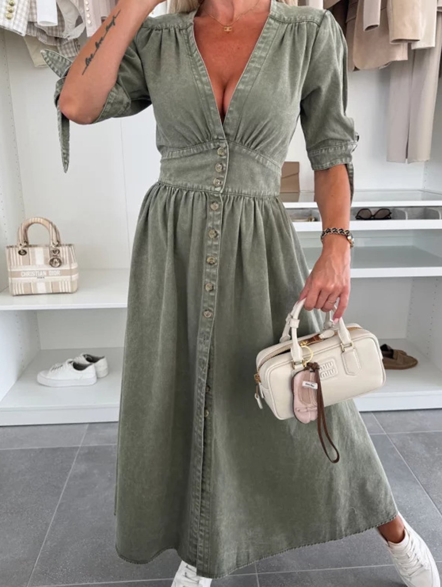 White fitted shirt dress with deep V-neck design, stylish and form-fitting, from My Store.