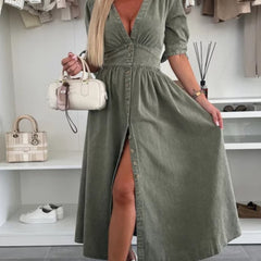 White deep V-neck fitted shirt dress from My Store, featuring long sleeves and a tailored silhouette.