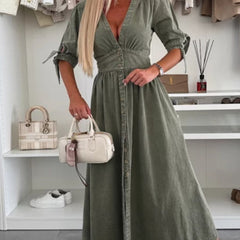 White fitted shirt dress with deep V-neck and long sleeves, stylish and tailored from My Store.