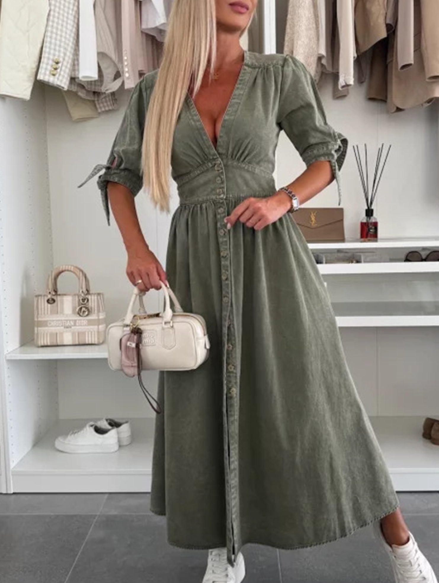 White fitted shirt dress with deep V-neck and long sleeves, stylish and tailored from My Store.