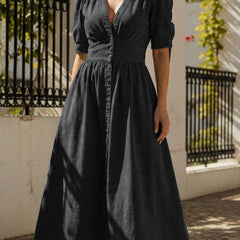 Black deep V-neck fitted shirt dress from My Store with long sleeves and tailored silhouette, ideal for stylish daytime wear.