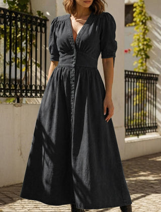 Black deep V-neck fitted shirt dress from My Store with long sleeves and tailored silhouette, ideal for stylish daytime wear.